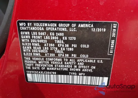 2020 Volkswagen Atlas Cross Sport 2.0T Se W/Technology/2.0T Se W/Technology R-Line z USA, uszkodzony, nr VIN 1V2YC2CAXLC204798